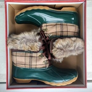Green Plaid Duck Boots by SHOEDAZZLE